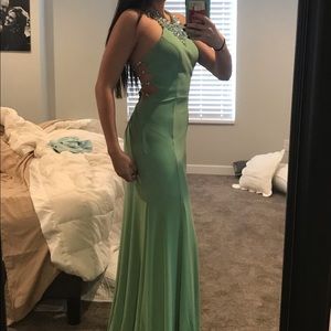 Sage green jeweled prom dress